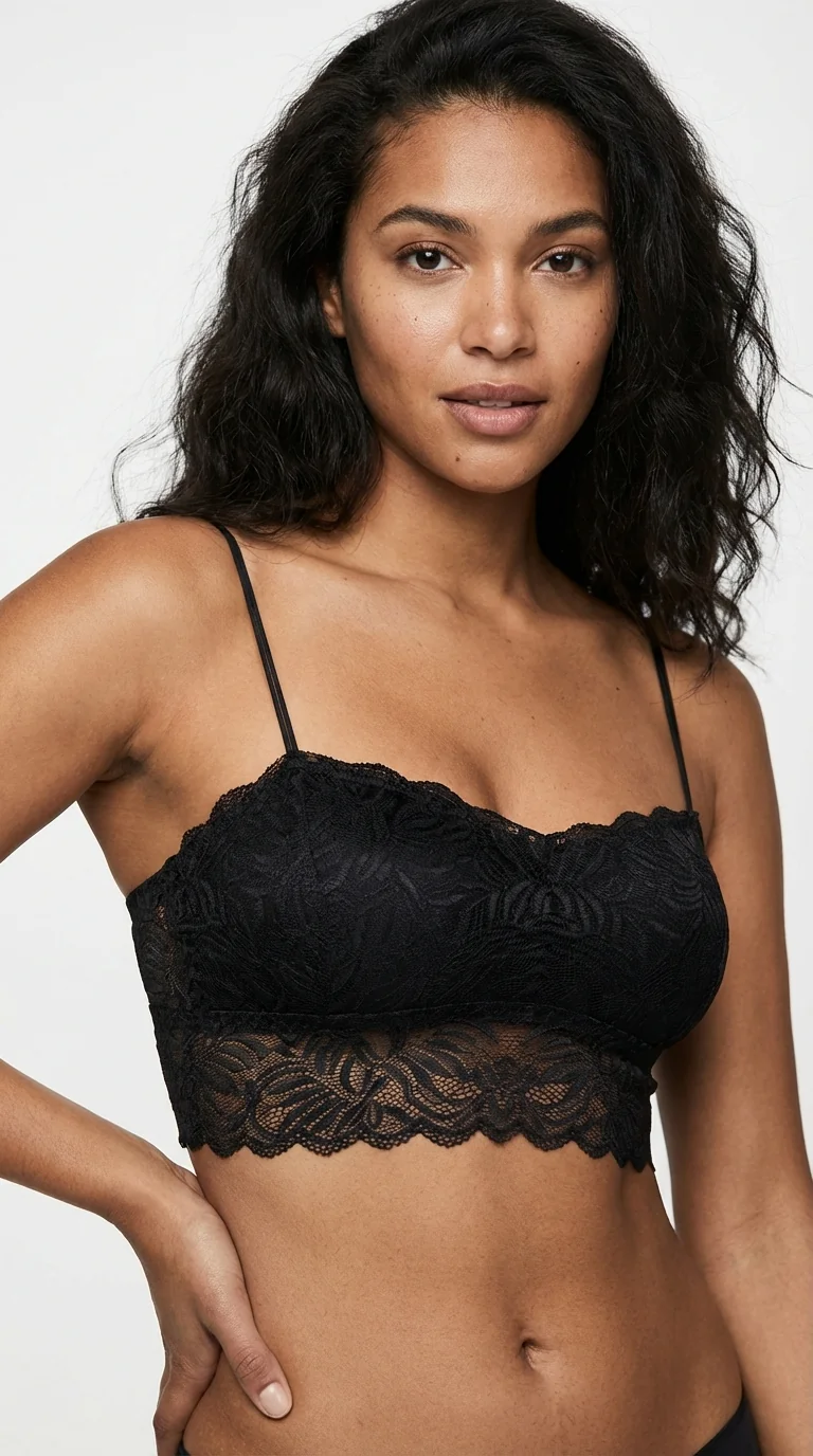 LunaIntim Siyah Dantelli Longline Bralet Ceket İçi Crop Büstiyer ve Boş Kap Sütyen - Dantelli Ön Detay Yakın Plan